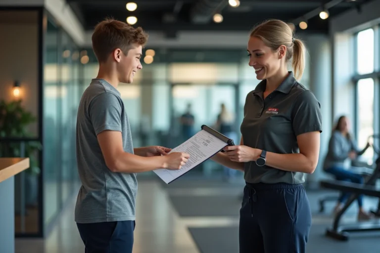 Adolescent de 15 ans s'inscrivant à la salle de sport à l'accueil avec une employée