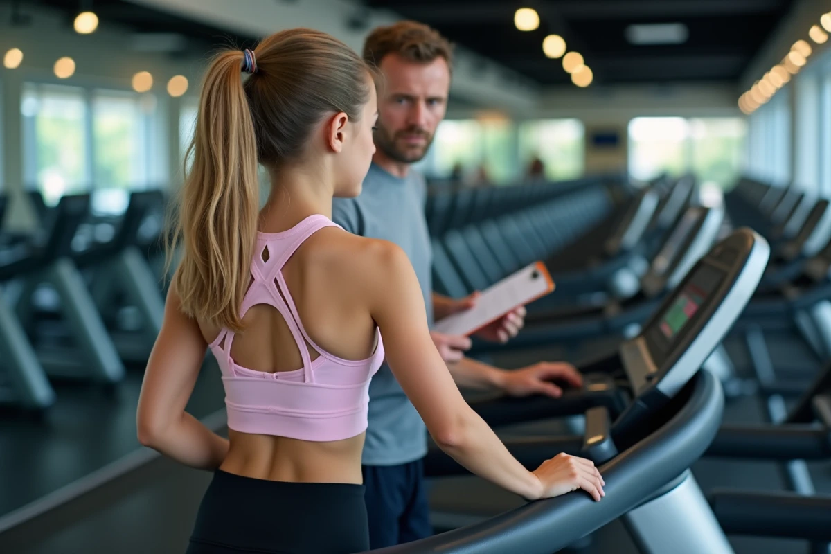 Adolescente de 16 ans sur un tapis de course encadrée par un coach sportif en salle de fitness