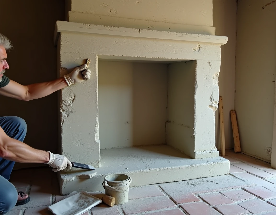 Artisan appliquant un enduit à la chaux sur les pierres intérieures d'un cantou en cours de restauration dans une ferme française