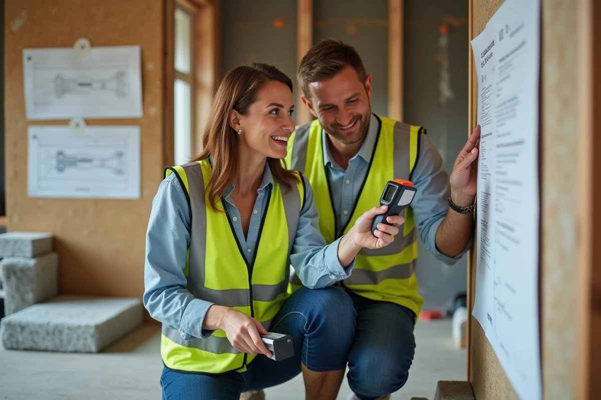 Auditrice énergétique professionnelle inspectant l'isolation thermique d'un logement lors d'un diagnostic de rénovation