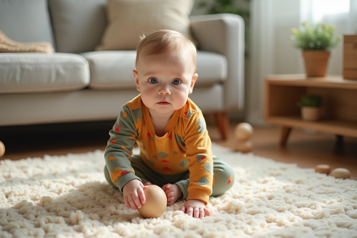 Bébé assis sur un tapis portant un body original aux motifs géométriques colorés