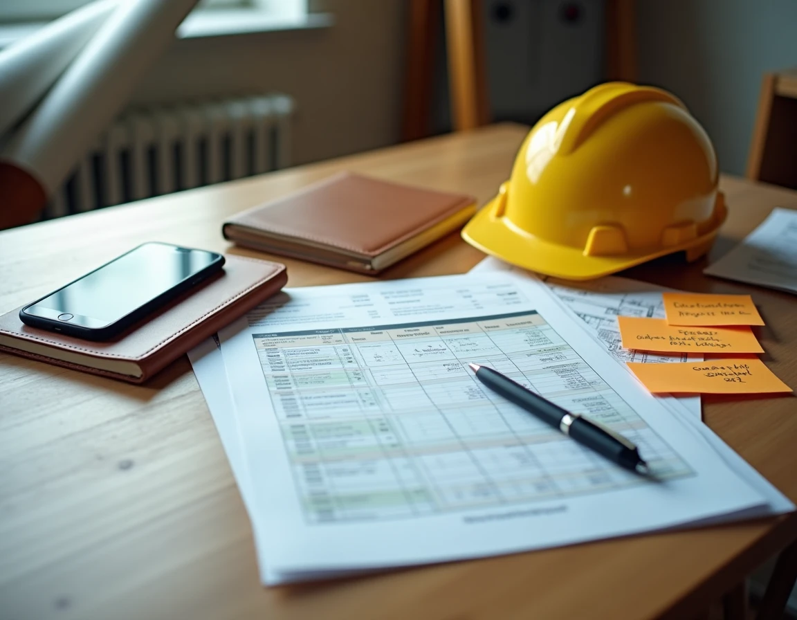 Bureau de gestion de chantier immobilier avec planning de travaux, casque de sécurité et application de suivi sur smartphone