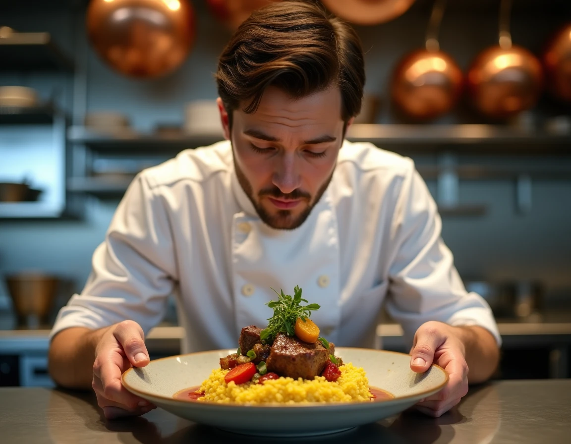 Chef cuisinier dressant une assiette gastronomique d'agneau braisé et couscous au safran en cuisine professionnelle