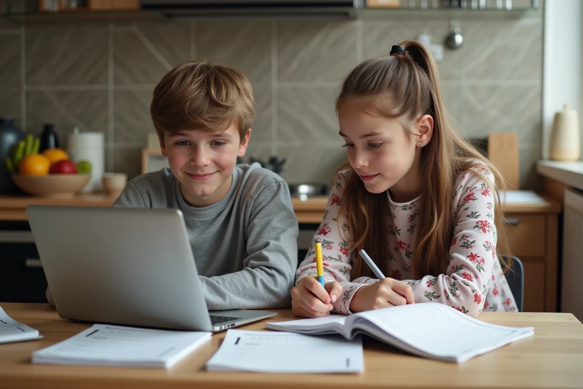 Deux collégiens révisant ensemble la certification Pix à la maison avec un ordinateur portable et des notes