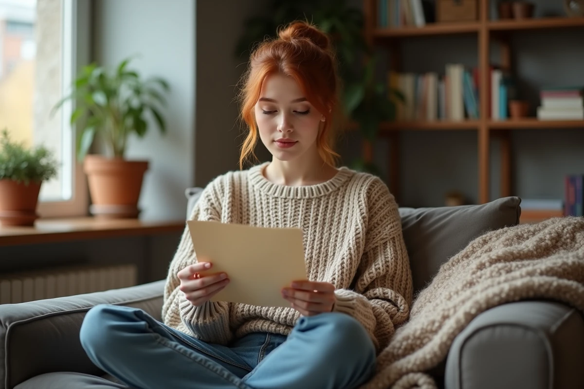 Jeune femme en pull tricoté lisant une lettre sur un canapé, illustrant les confidences et secrets amoureux de Sophie Skelton