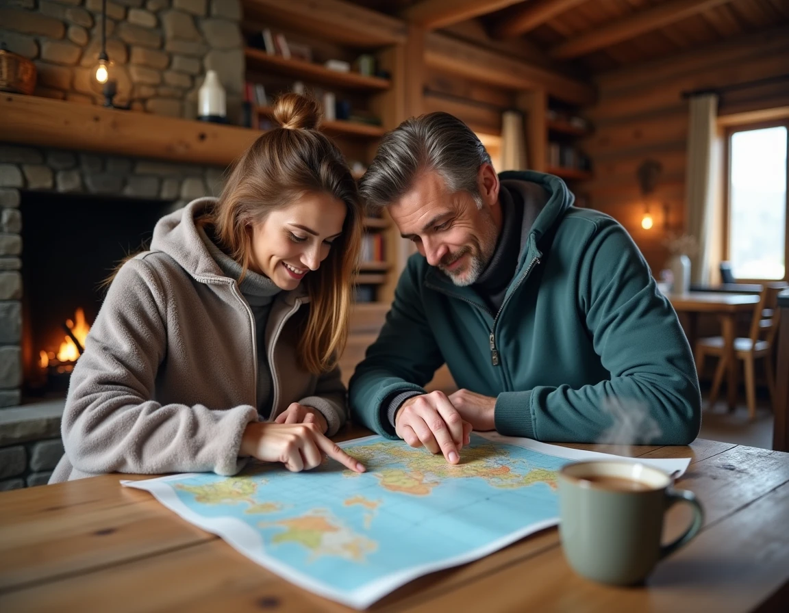 Couple planifiant un itinéraire de voyage sur une carte papier dans un chalet de montagne