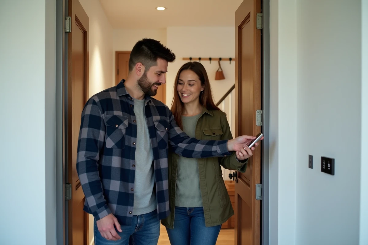 Couple inspectant une serrure connectée et une sonnette intelligente à l'entrée de leur maison