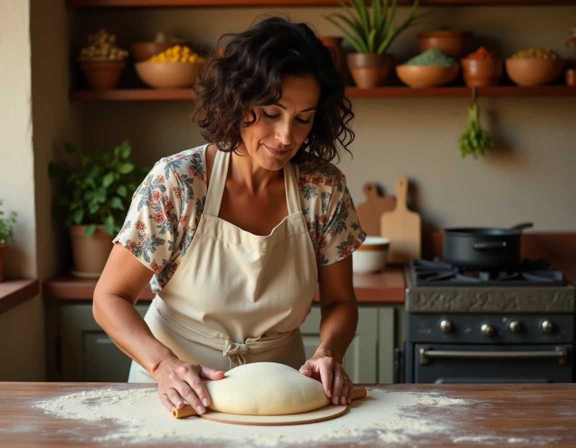 Femme cuisinant une recette traditionnelle méditerranéenne dans une cuisine rustique en terracotta