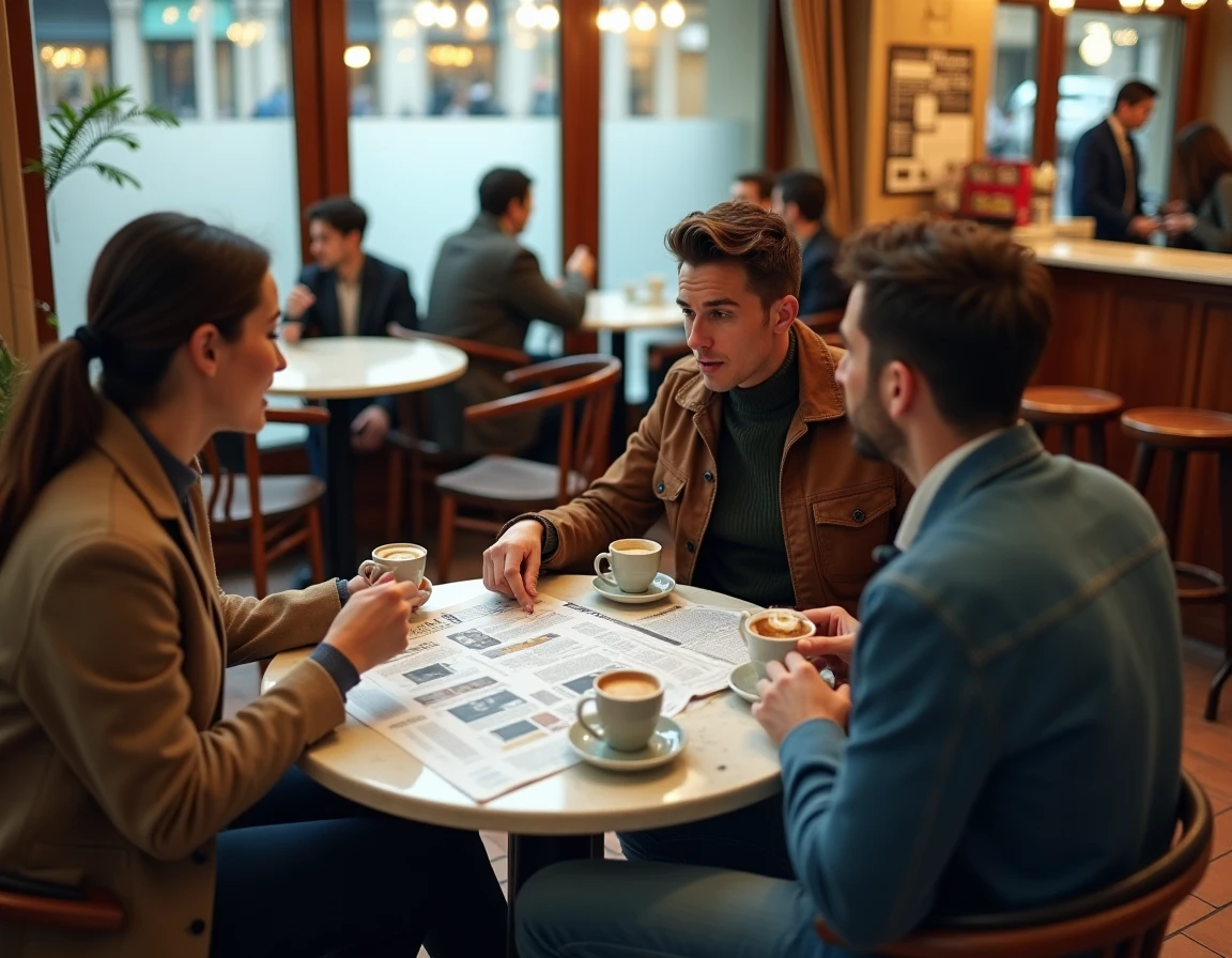 Groupe de personnes débattant de l'actualité autour d'un journal dans un café parisien animé