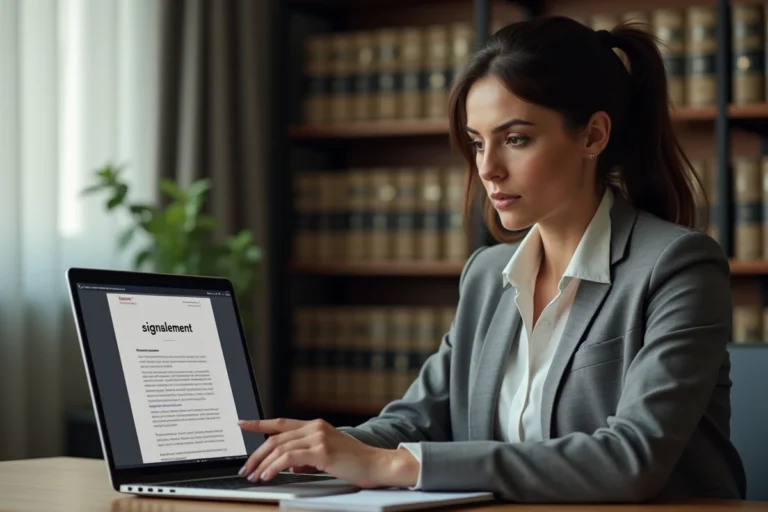 Femme au bureau tapant un signalement anonyme à l'inspection du travail sur son ordinateur portable