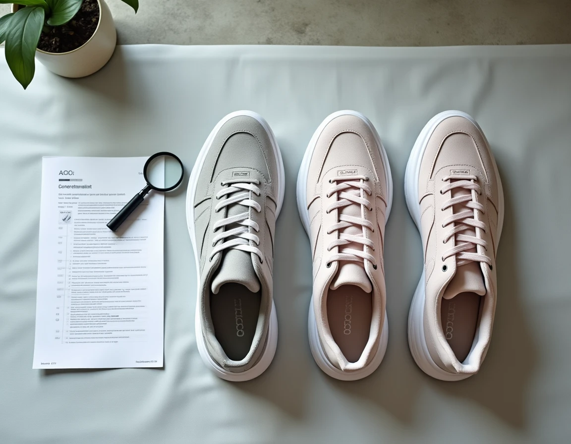 Comparaison de sneakers ASOS authentiques et contrefaites en vue aérienne avec loupe