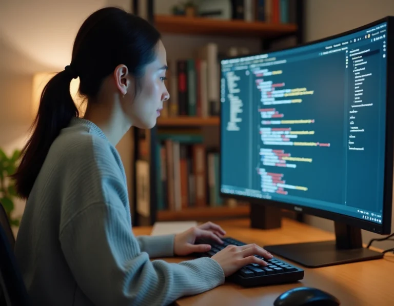 Développeuse web insérant un caractère espace invisible dans un éditeur de code HTML sur un écran ultrawide