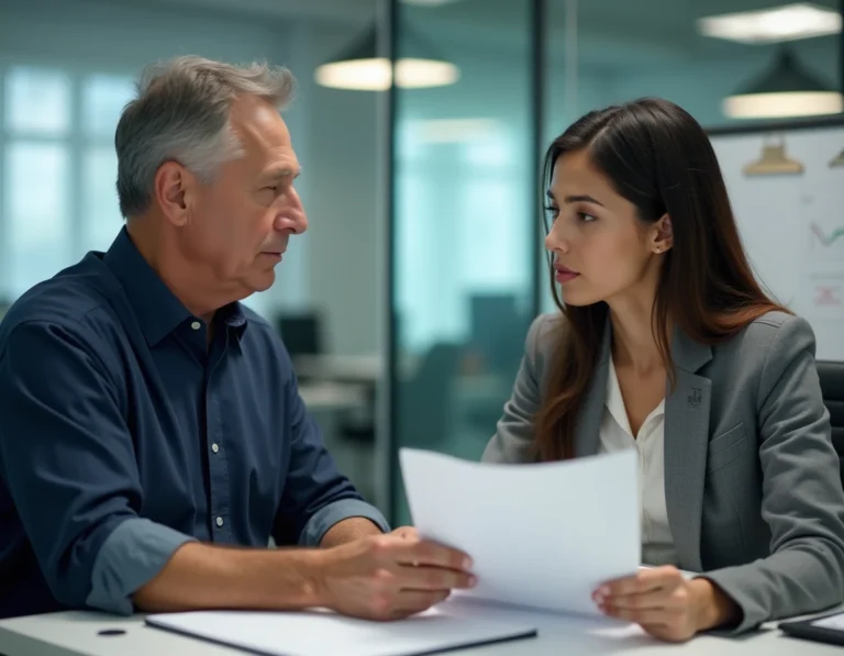 Manager et employée examinent un document contractuel dans un bureau moderne, illustrant une discussion sur une augmentation de salaire