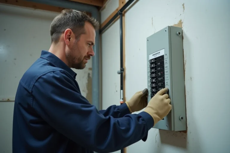 Électricien professionnel inspectant un tableau électrique avec disjoncteurs différentiels type A et AC