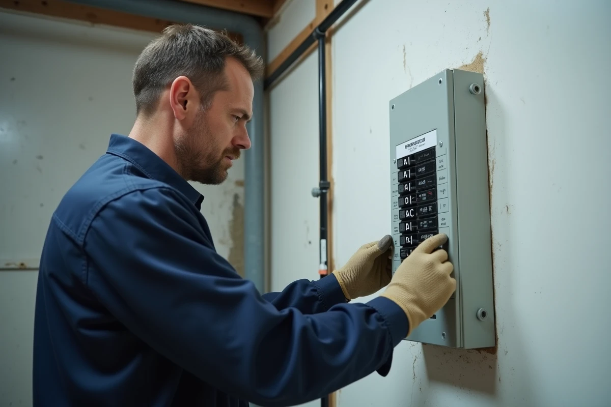 Électricien professionnel inspectant un tableau électrique avec disjoncteurs différentiels type A et AC