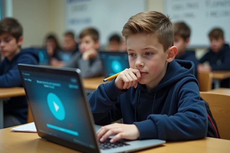 Élève de collège concentré sur un quiz de certification Pix sur un ordinateur portable en classe