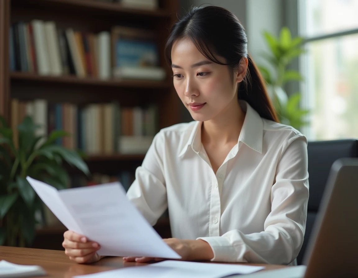 Employée lisant attentivement une lettre officielle relative à sa rémunération dans un bureau à domicile