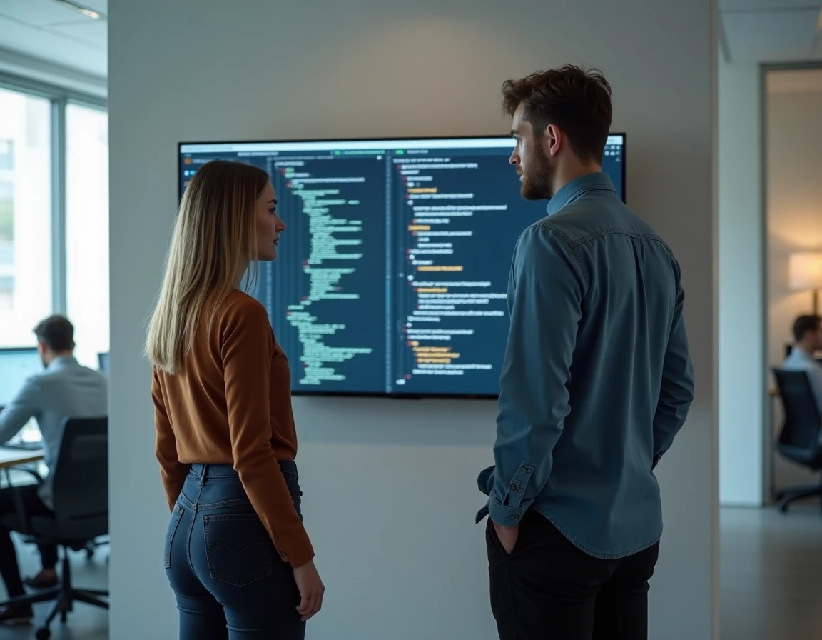 Deux développeurs web analysant l'utilisation des espaces invisibles dans le code source HTML affiché sur un grand écran