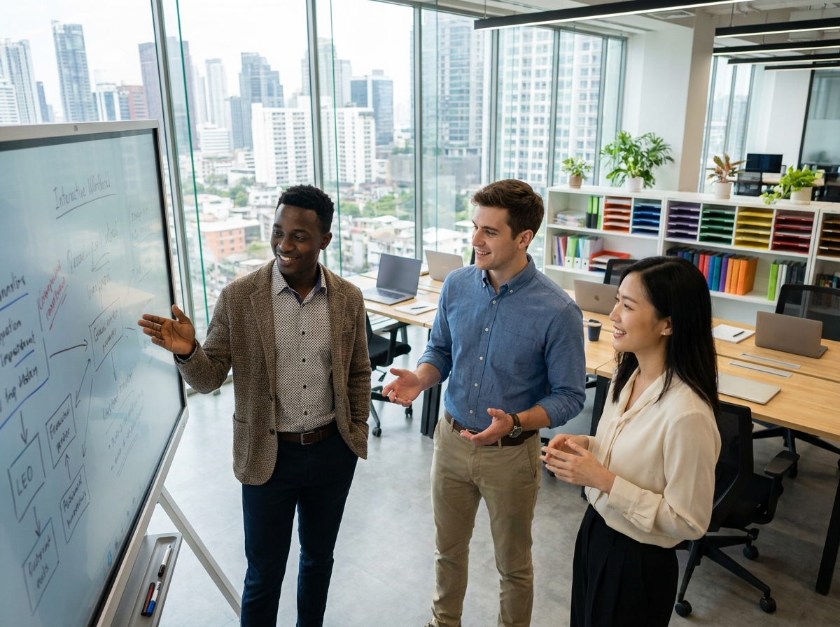 Equipe de professionnels collaborant autour d un tableau digital
