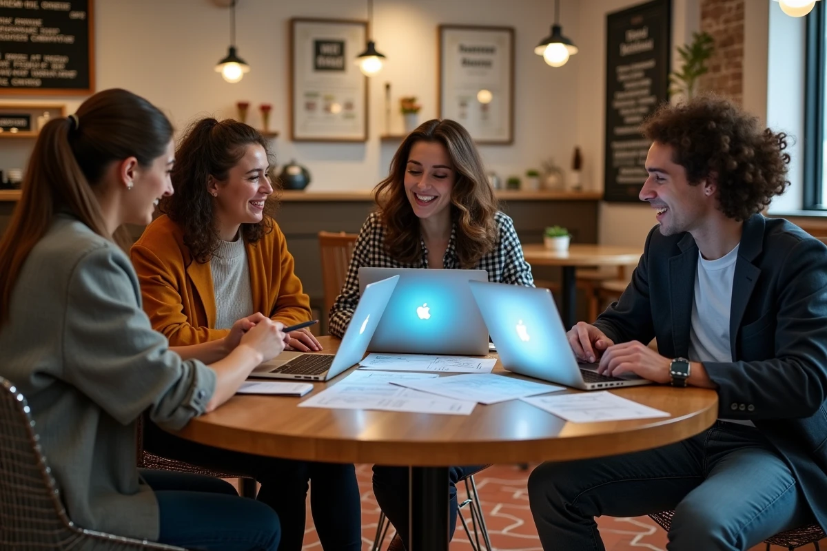 Groupe de jeunes professionnels discutant de stratégies de marketing digital pour booster un business en ligne dans un café moderne