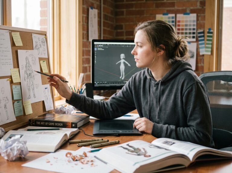 Étudiante en game art travaillant sur des esquisses de personnages de jeu vidéo dans un studio créatif