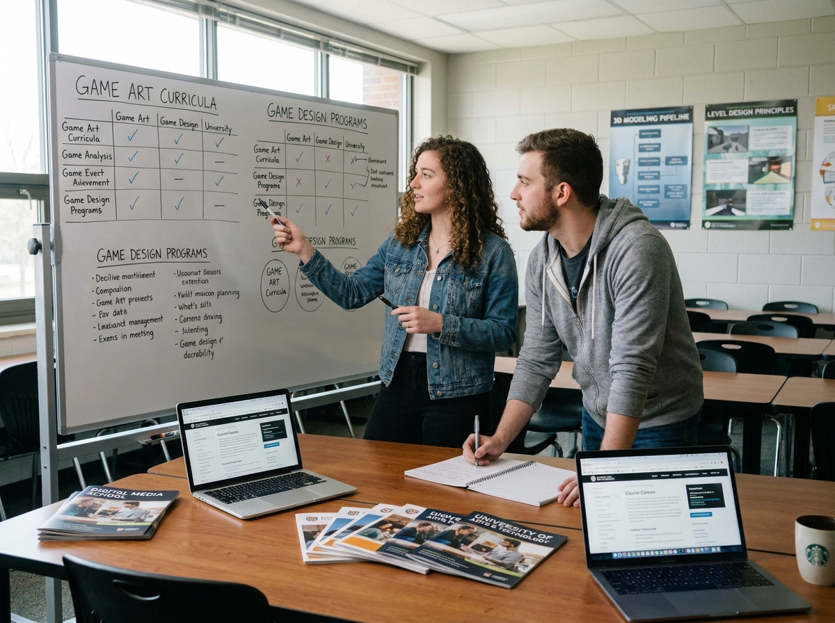 Deux étudiants comparant des formations game art et game design sur un tableau blanc dans une salle de cours universitaire