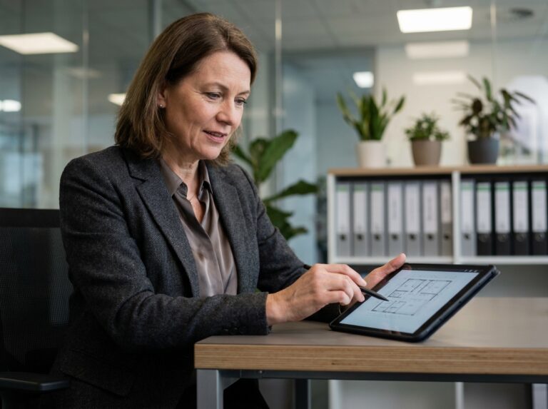 Femme d affaires en réunion avec tablette dans un bureau moderne
