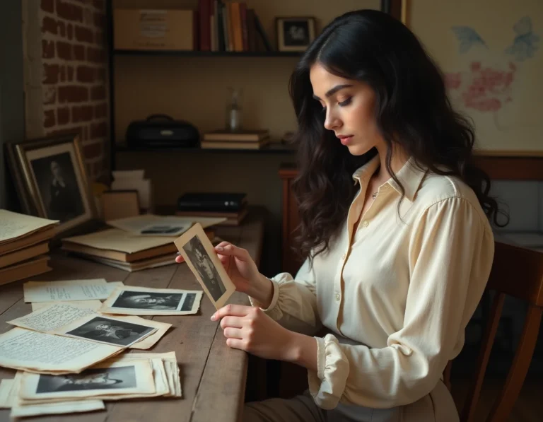 Jeune femme contemplant d'anciennes photographies dans un appartement parisien vintage, atmosphère nostalgique et intimiste