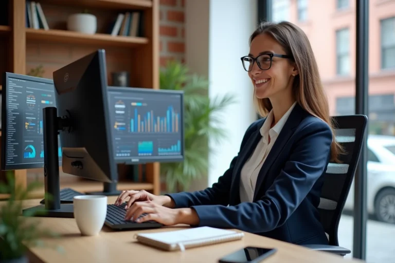 Femme entrepreneur analysant des statistiques de business en ligne sur deux écrans d'ordinateur dans un bureau moderne