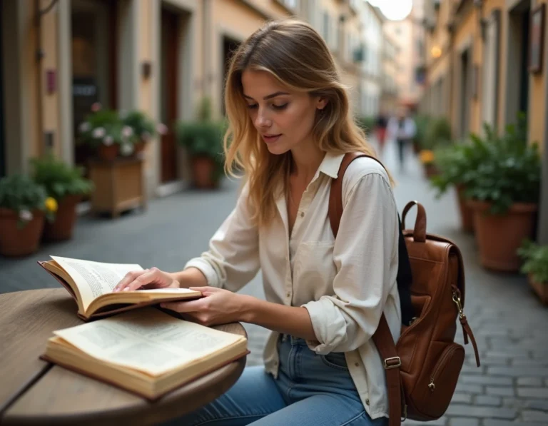 Femme consultant un guide de voyage sur une terrasse de café européenne pavée
