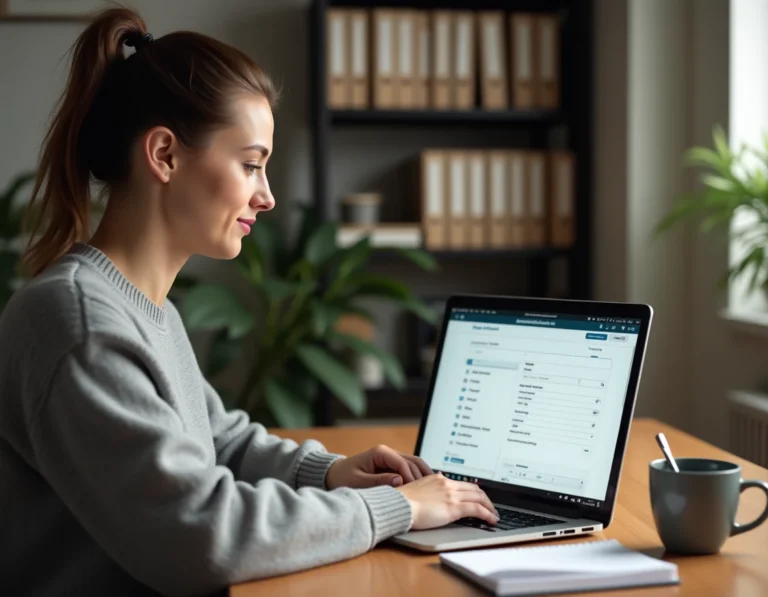 Femme utilisant le portail Arena Amiens sur son ordinateur portable depuis son bureau à domicile