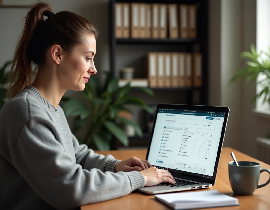 Femme utilisant le portail Arena Amiens sur son ordinateur portable depuis son bureau à domicile