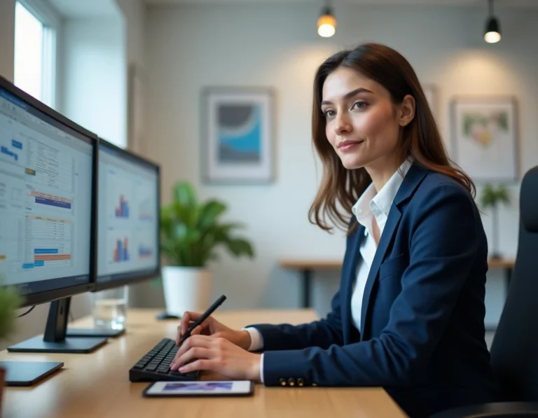 Femme professionnelle travaillant sur des outils bureautiques avec double écran et tablette dans un bureau moderne