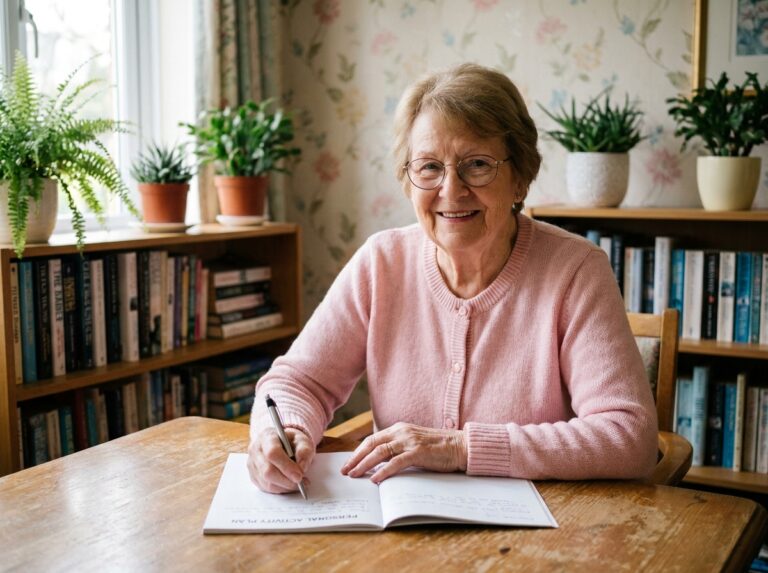 Femme senior souriante lisant un journal dans un salon chaleureux