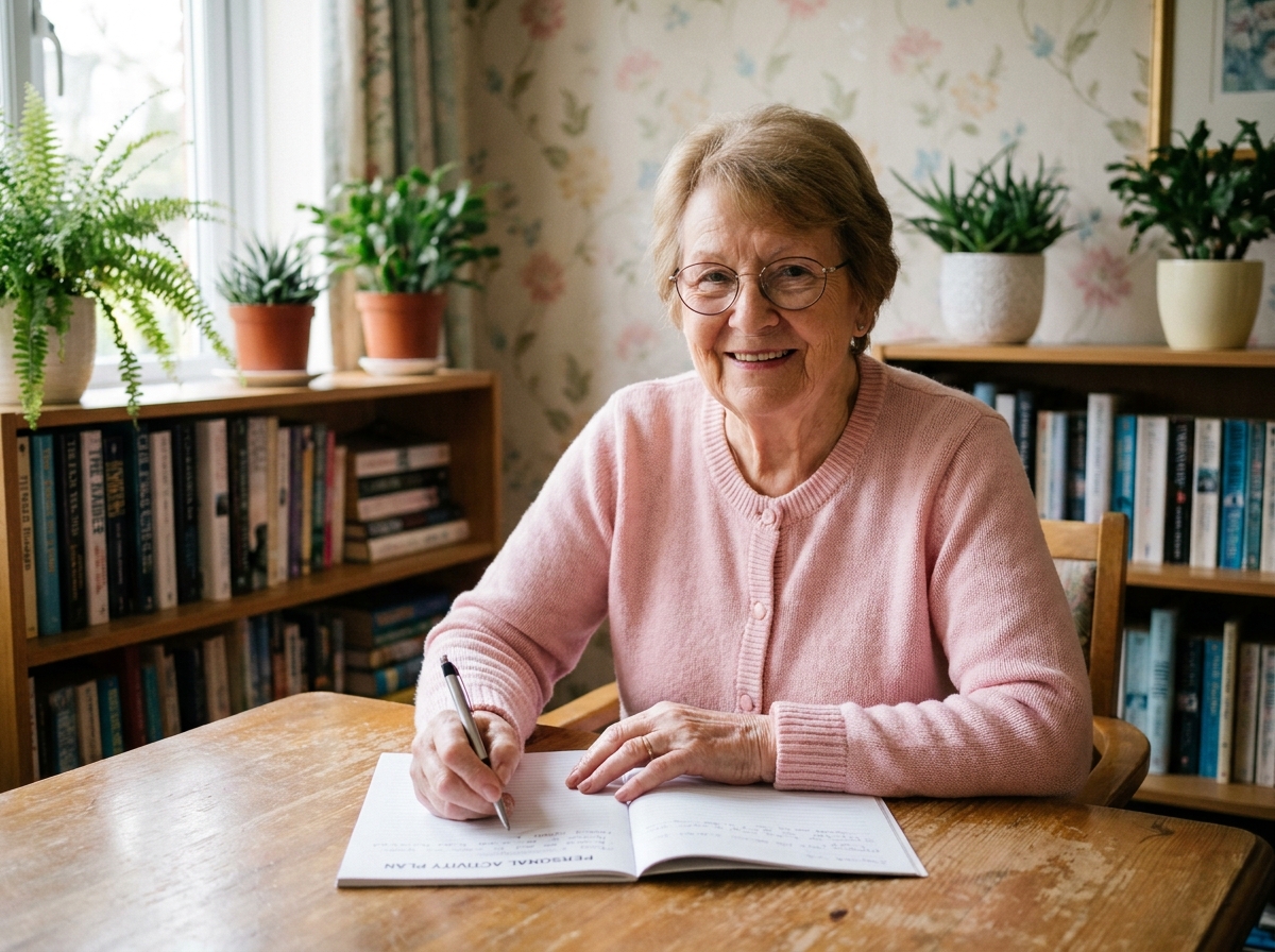 Femme senior souriante lisant un journal dans un salon chaleureux