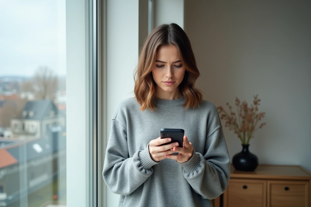 Jeune femme tenant un smartphone affichant un numéro avec l'indicatif 04 12 dans un appartement moderne