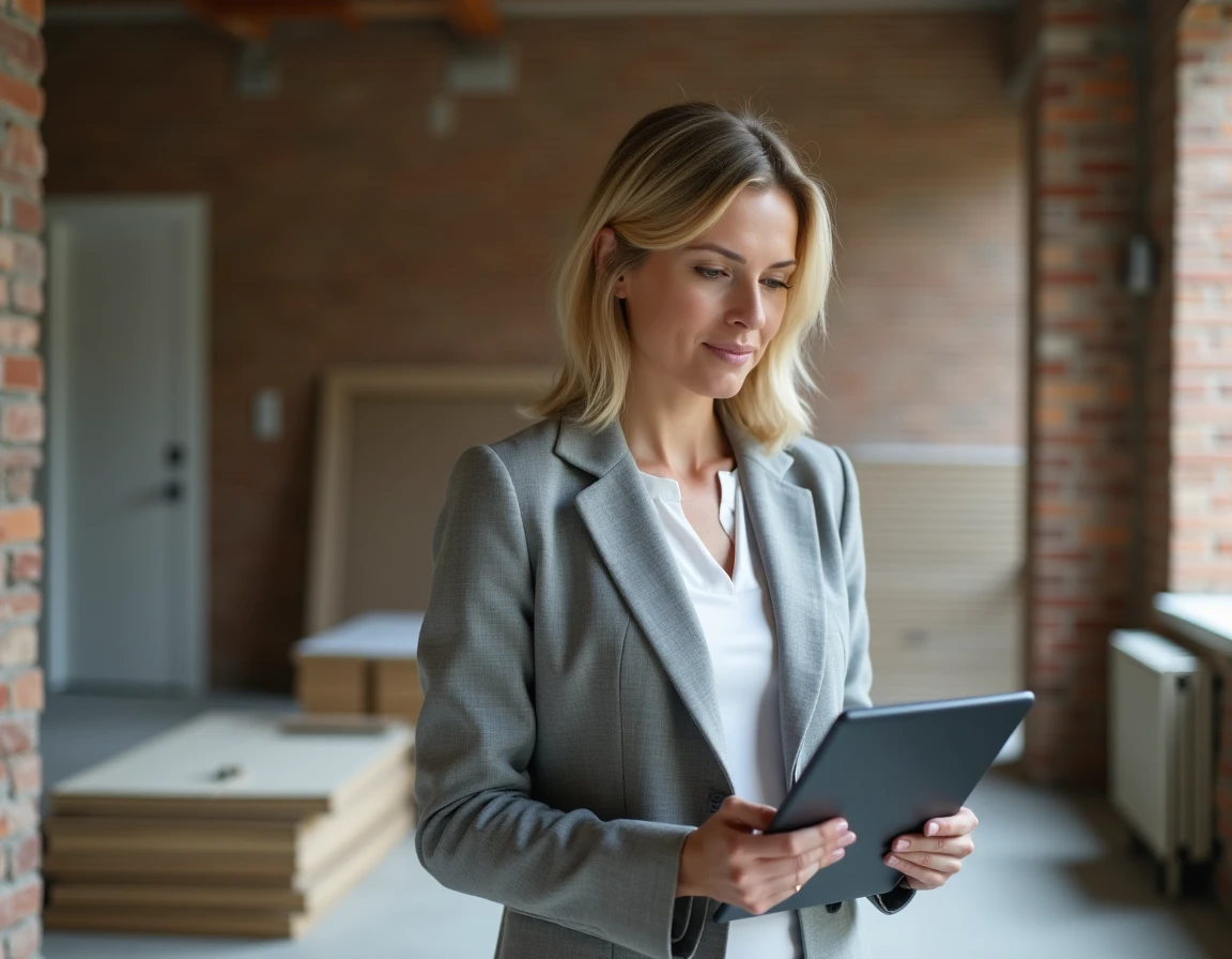 Gestionnaire de projet immobilier consultant des plans de rénovation sur tablette dans un appartement en travaux