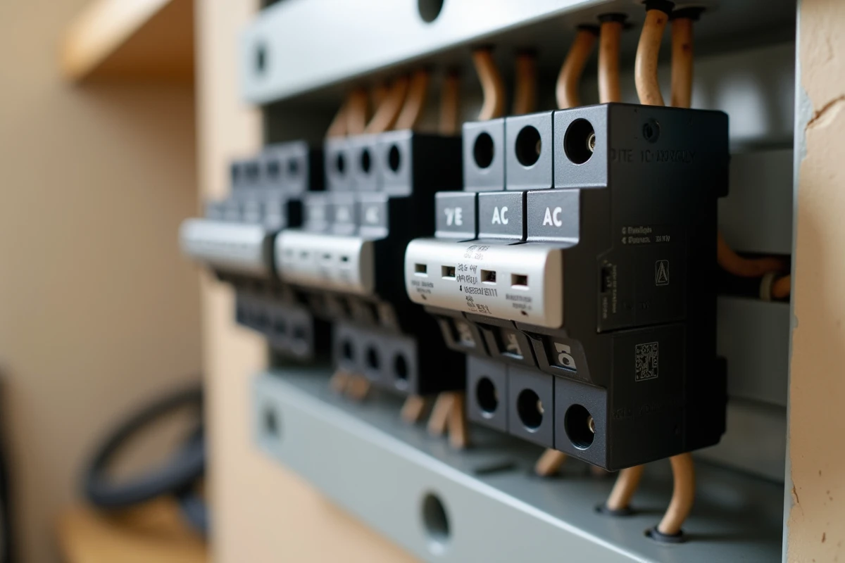 Gros plan sur des disjoncteurs différentiels type A et type AC dans un tableau électrique résidentiel