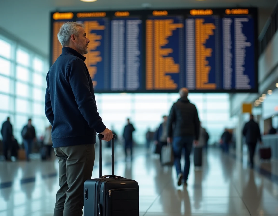 Homme devant un tableau des départs dans un aéroport international avec valise