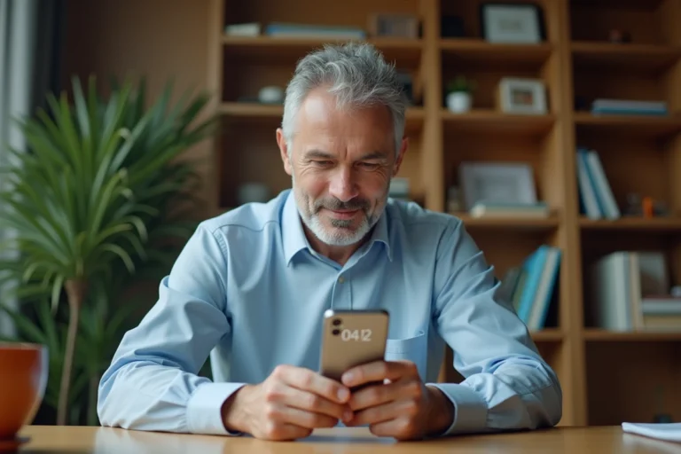 Homme consultant son smartphone affichant un appel entrant avec l'indicatif 04 12 dans un bureau à domicile