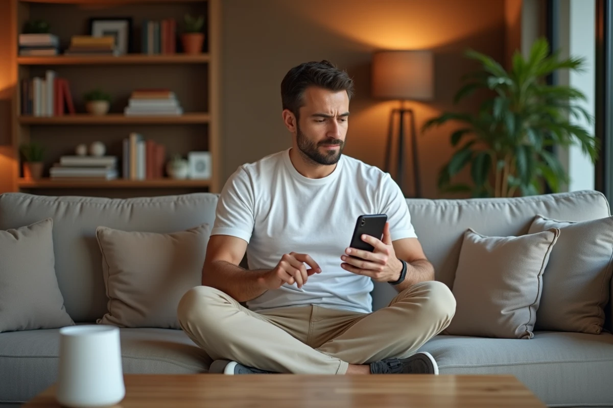 Homme évaluant l'application de domotique MaisonKayro sur smartphone dans un salon connecté