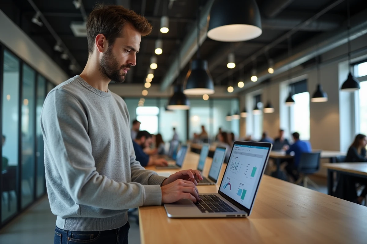 Homme en espace de coworking travaillant sur son business en ligne avec laptop et tablette affichant des données e-commerce