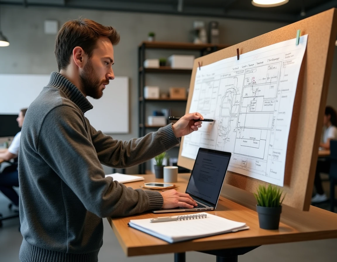 Homme utilisant des outils de gestion de tâches et un tableau de bord dans un espace de coworking contemporain