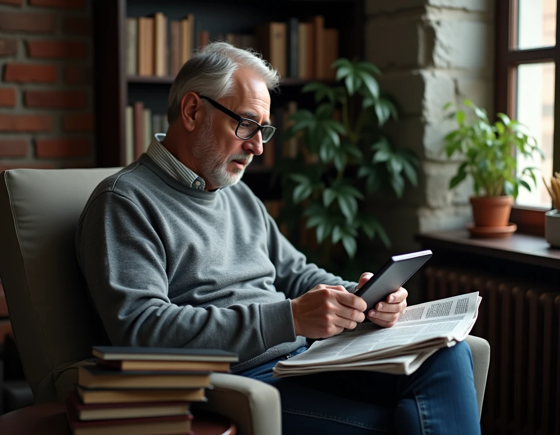 Homme mature lisant une analyse de l'actualité sur une tablette dans une bibliothèque personnelle confortable