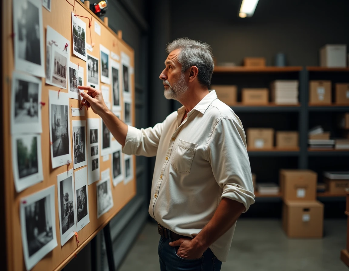 Homme analysant un tableau d'archives photographiques dans un studio de recherche documentaire, ambiance journalistique