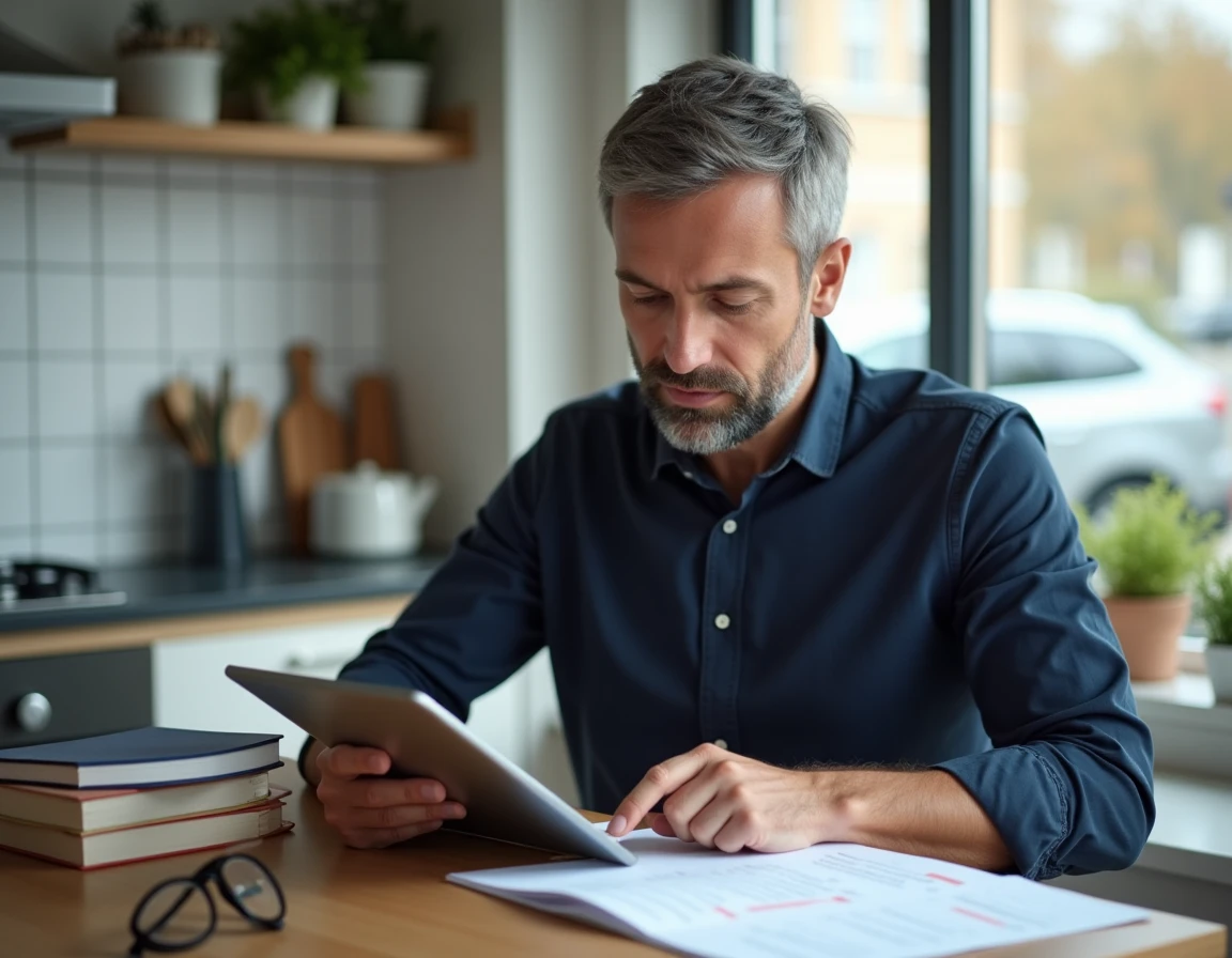 Homme consultant le portail Arena depuis une tablette dans une cuisine moderne à Amiens