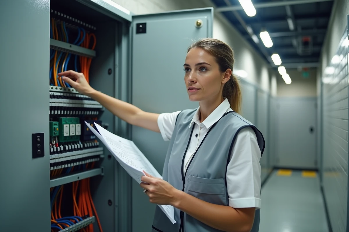 Ingénieure électricienne analysant un schéma de câblage devant un tableau de disjoncteurs différentiels industriels