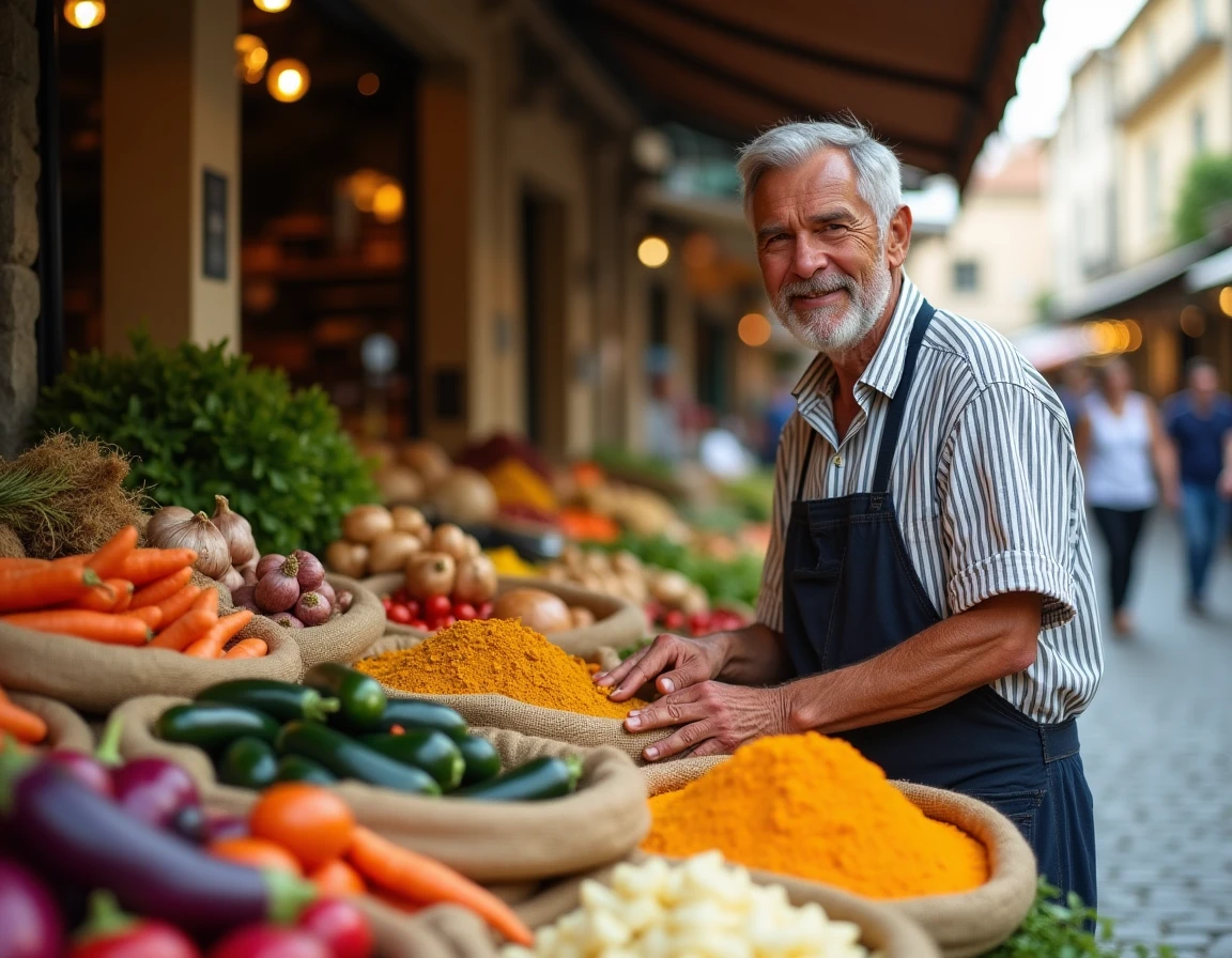 Étal de marché provençal coloré avec légumes frais, épices et fromages artisanaux