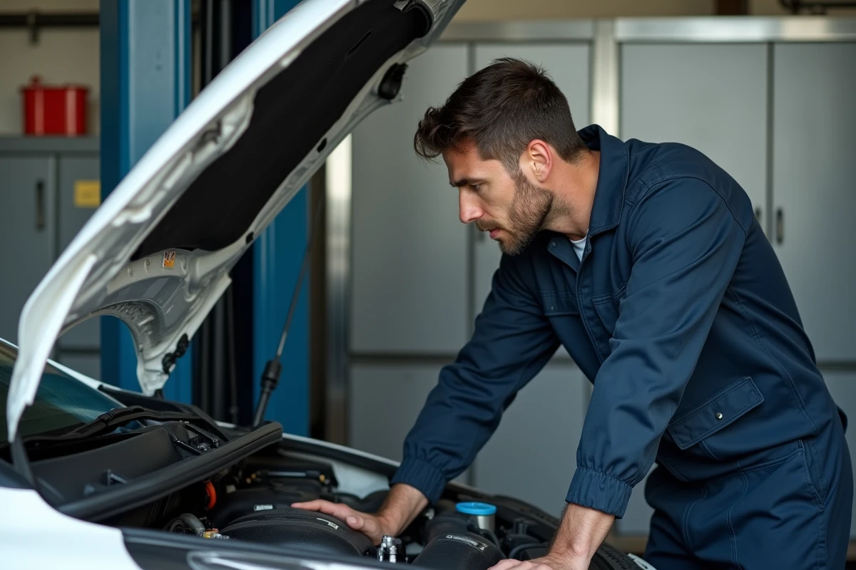 Mécanicien inspectant le moteur d'une Renault Clio 4 dans un atelier automobile professionnel pour prévenir la casse moteur