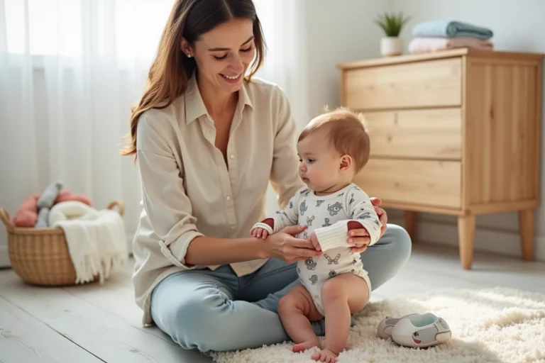 Mère habillant son bébé en tenue originale et confortable dans une chambre de style scandinave